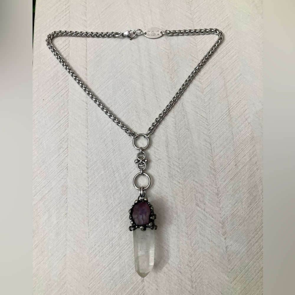crystal quartz & amethyst gem stainless steel maille celtic lariat Y necklace. - Picture 10 of 15